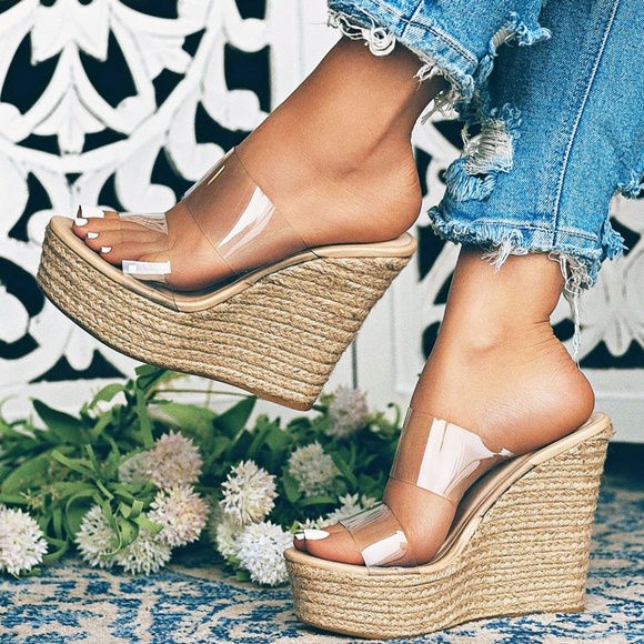 BAMBOO Shoes - SZ 10 Clear Nude Open Toe Espadrille Wedge Sandals